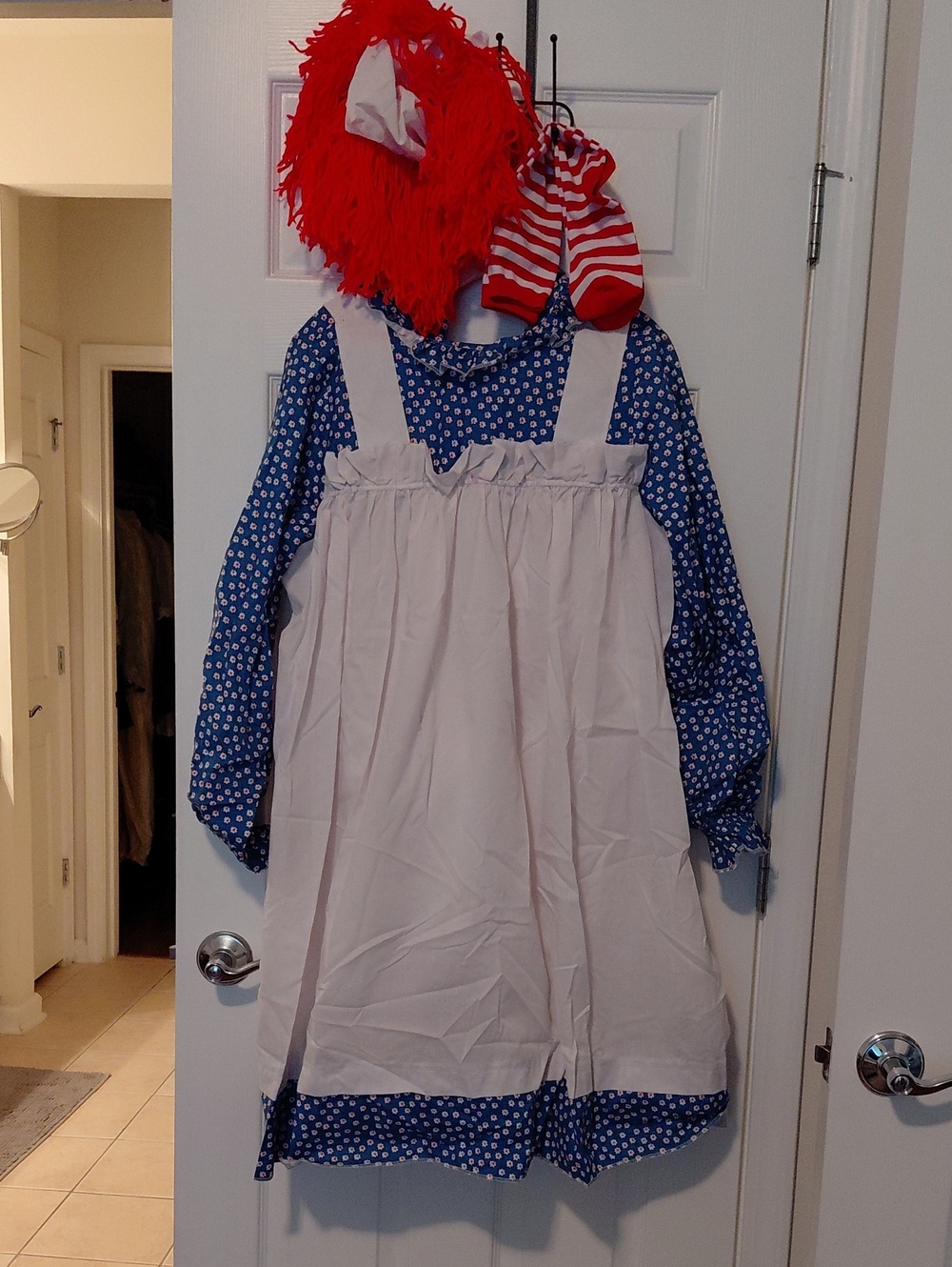 classic Raggedy Ann costume featuring a blue&white patterned long-sleeve dress